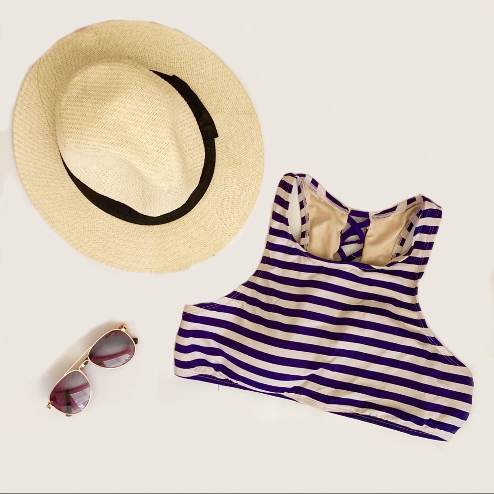 Sea Angel Striped Lace Up High Neck Swim Top L